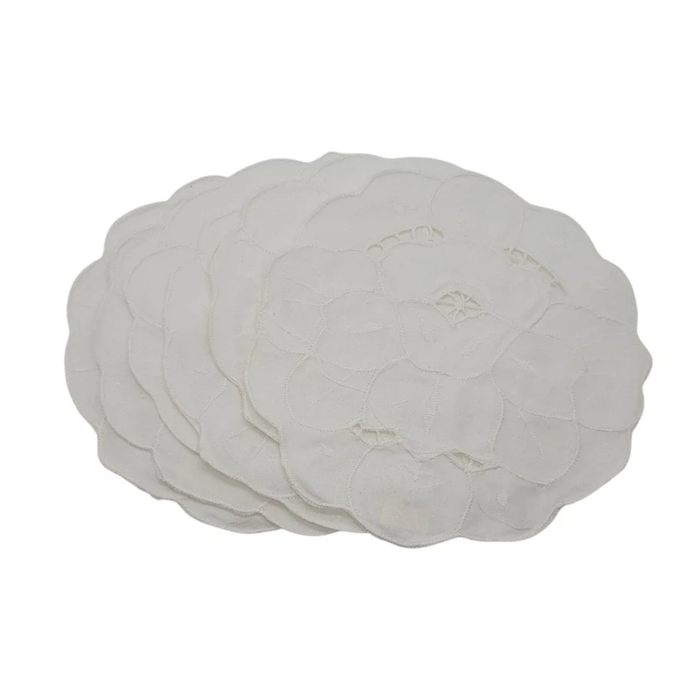 Vintage White Hand Made Cotton Floral Doilies Set of 6 Round 8 Inch Cutwork 588